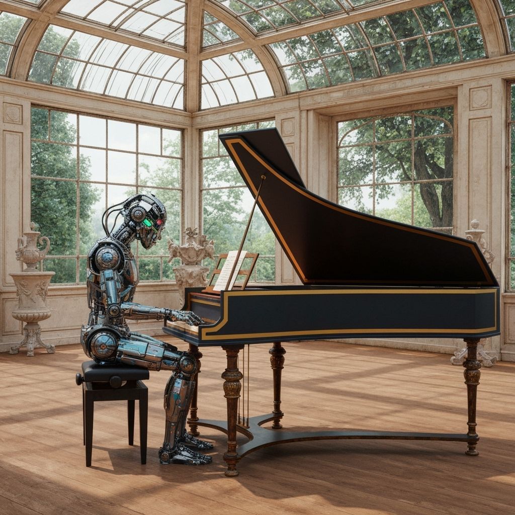 Cyberpunk Robot Plays Harpsichord in Rococo Conservatory