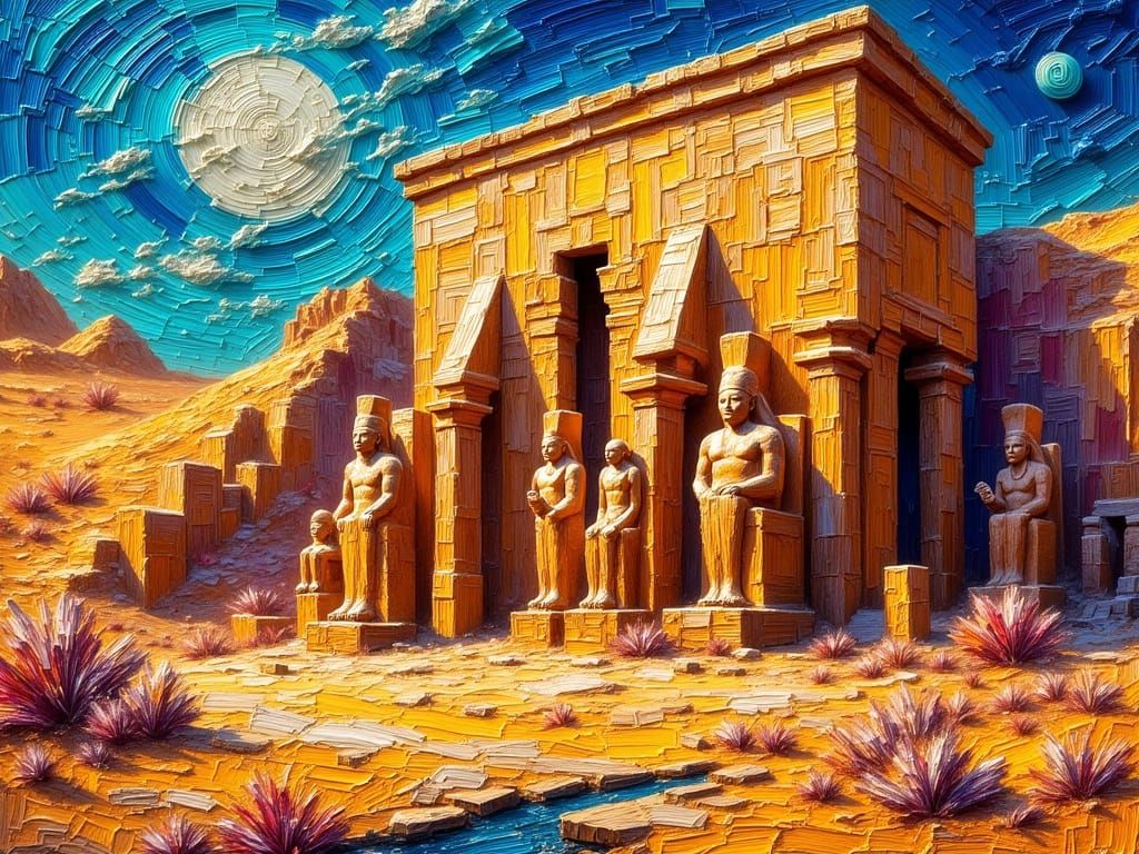 Impasto painting  showing an acient egypt temple similar abu...