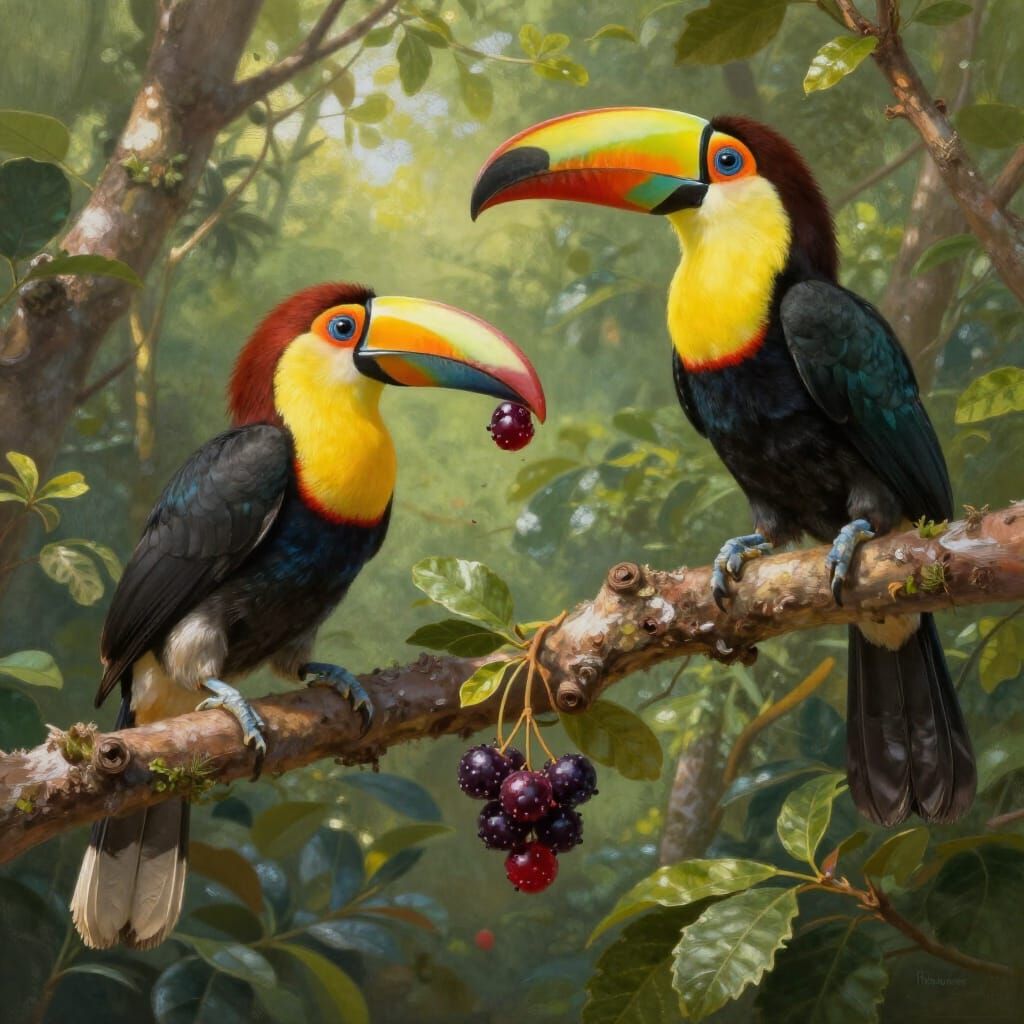 Vibrant Hornbills and Toucans Eating Berries in Jungle