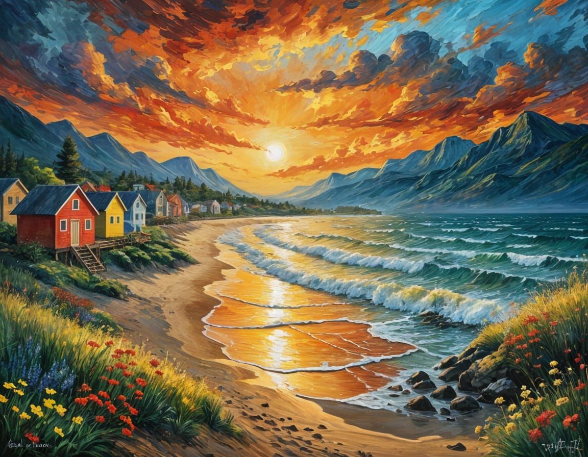 Vibrant Beach Huts in a Serene Coastal Landscape