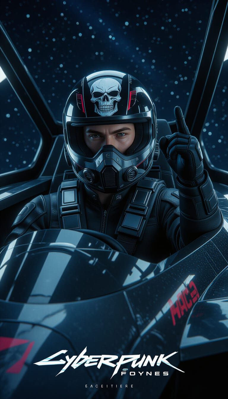 Cyberpunk Pilot Gives Victory Sign in Cosmic Void