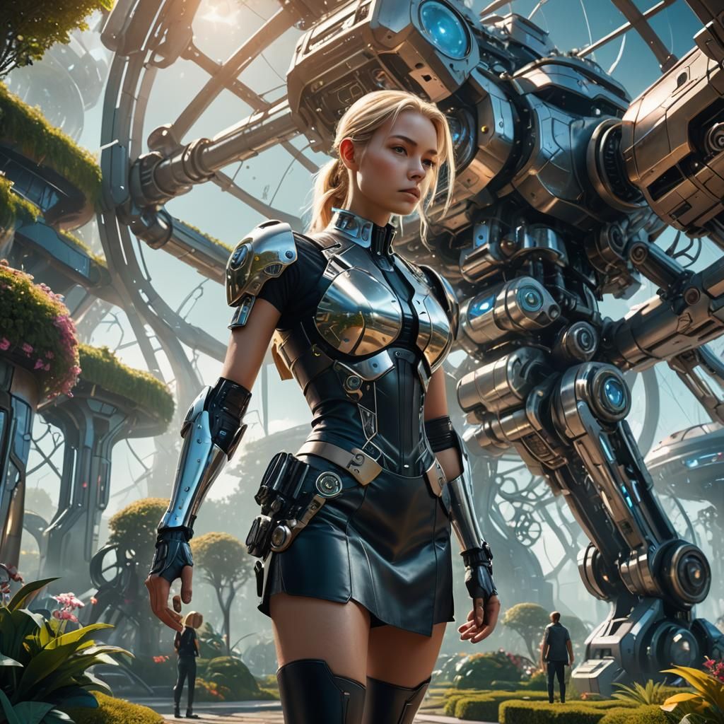 Futuristic Garden: Blonde Woman in Cyberpunk Style