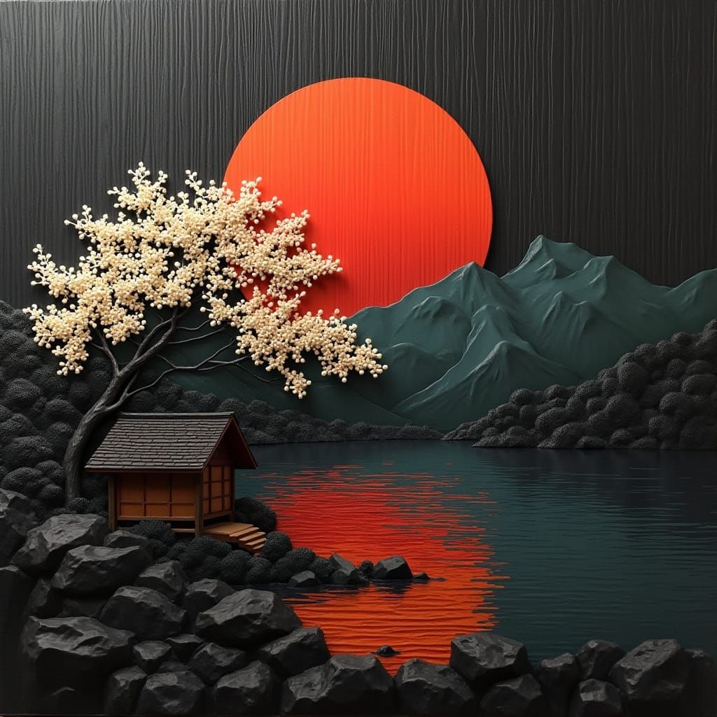 Elegant Blossom Tree Scene in a Japanese-Inspired Landscape