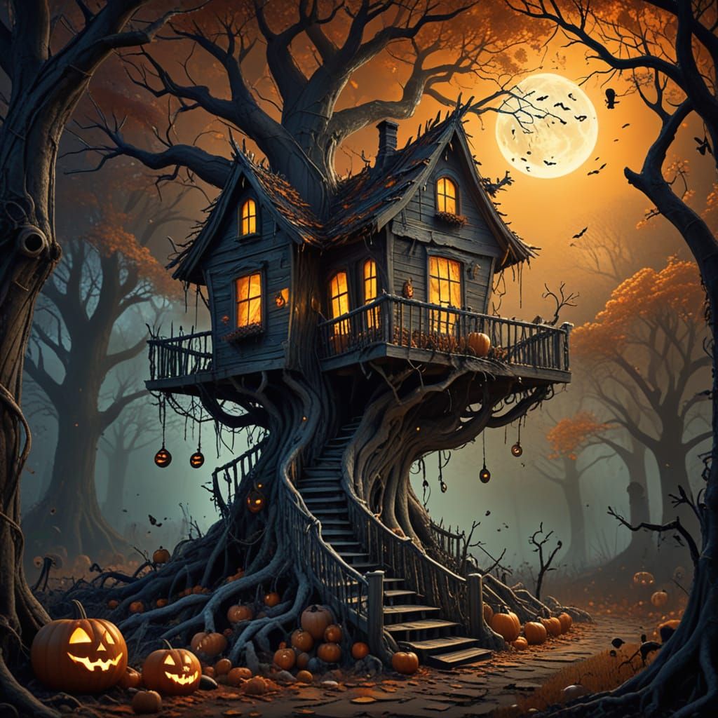 Whimsical Haunted Treehouse Scene in Golden Lighting