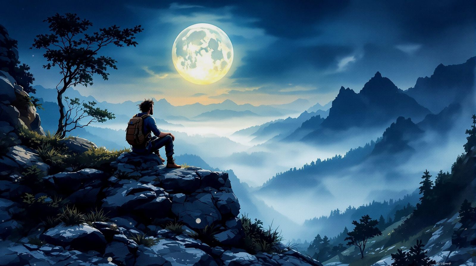 Moonlit Bohemian Traveller in Misty Valley
