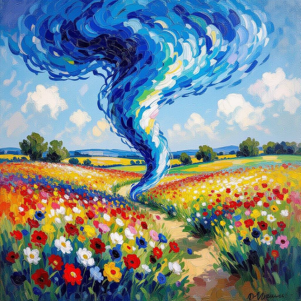 Blue Tornado in a Flower Field, Impressionistic Style