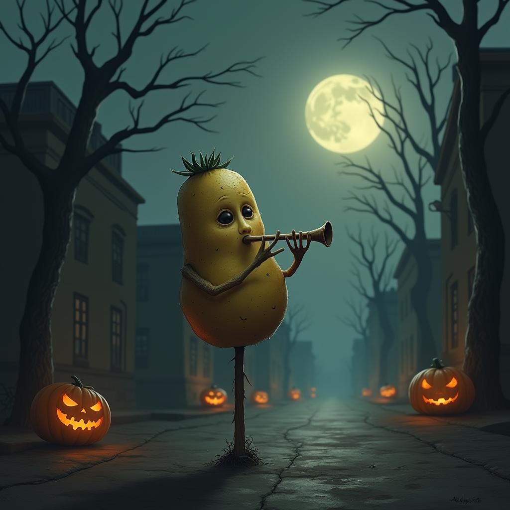 Potato Plays Piccolo on Halloween: Dark Fantasy Art