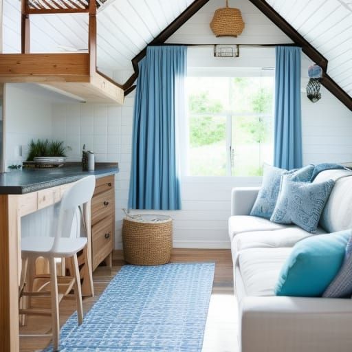 Coastal Tiny House Interior in 3D Rendered Style