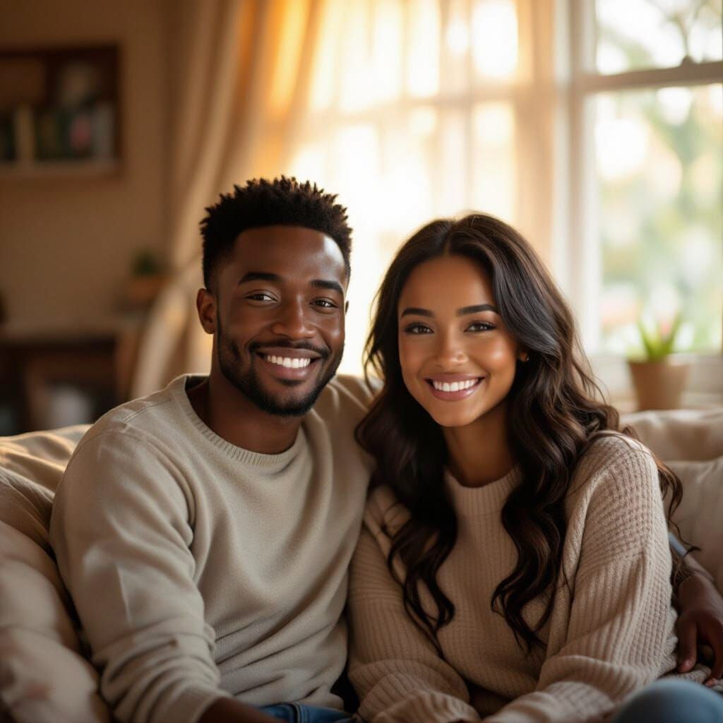 Happy Couple Enjoying Golden Hour at Home