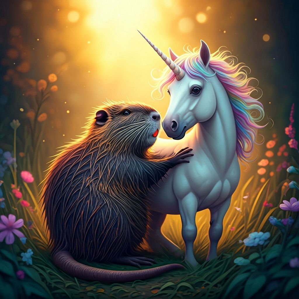 Nutria Embraces Unicorn in Dreamlike Meadow