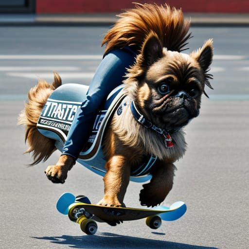 Brussels Griffon Dog Rides a Skateboard
