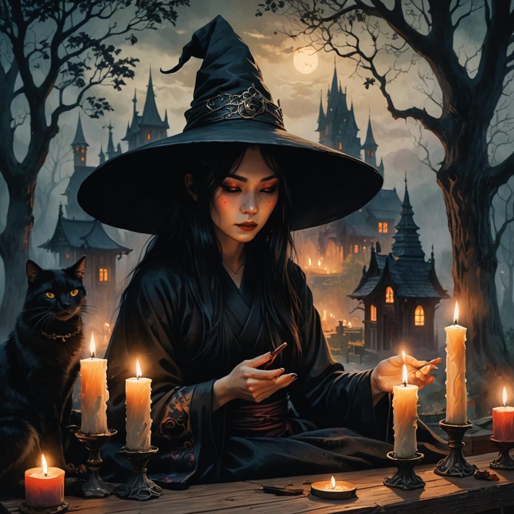 Mysterious Witch with Black Cat in Dark Fantasy Art