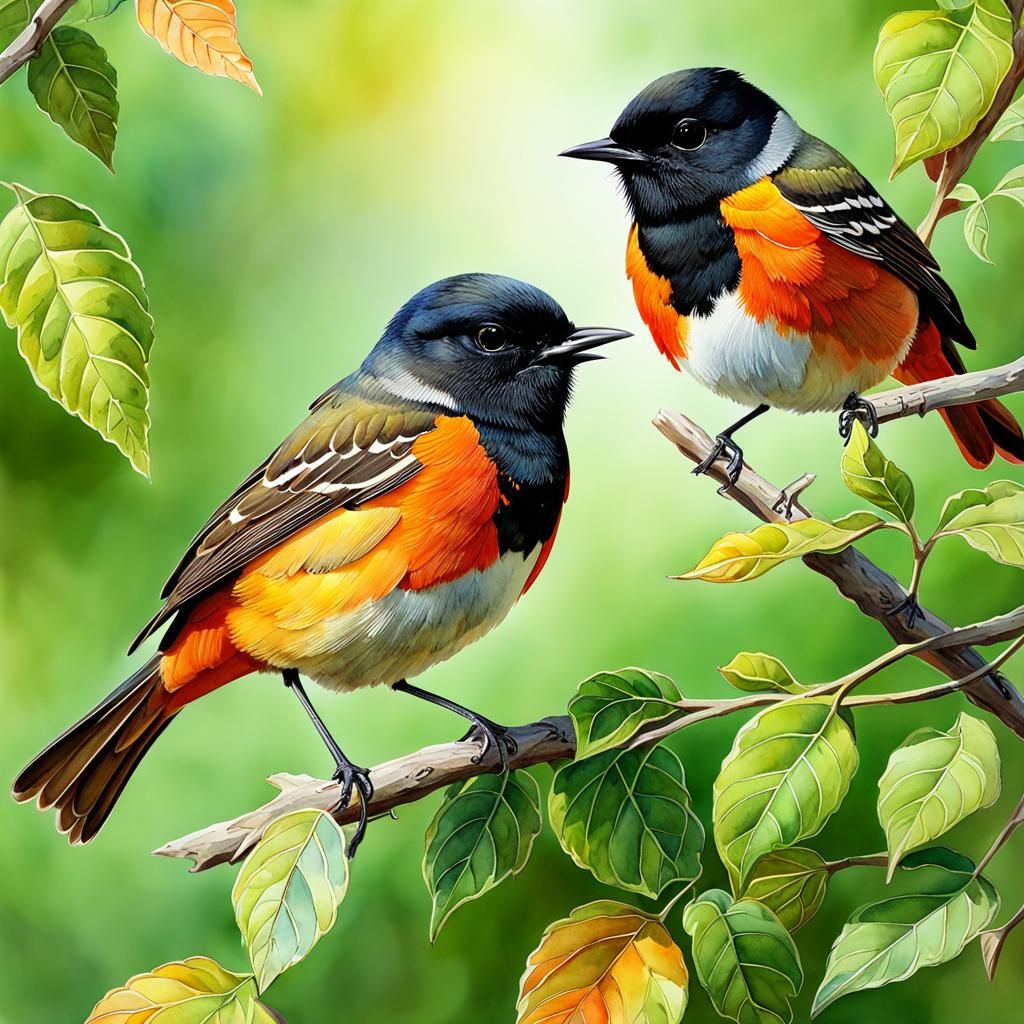 American Redstarts in Watercolor Style