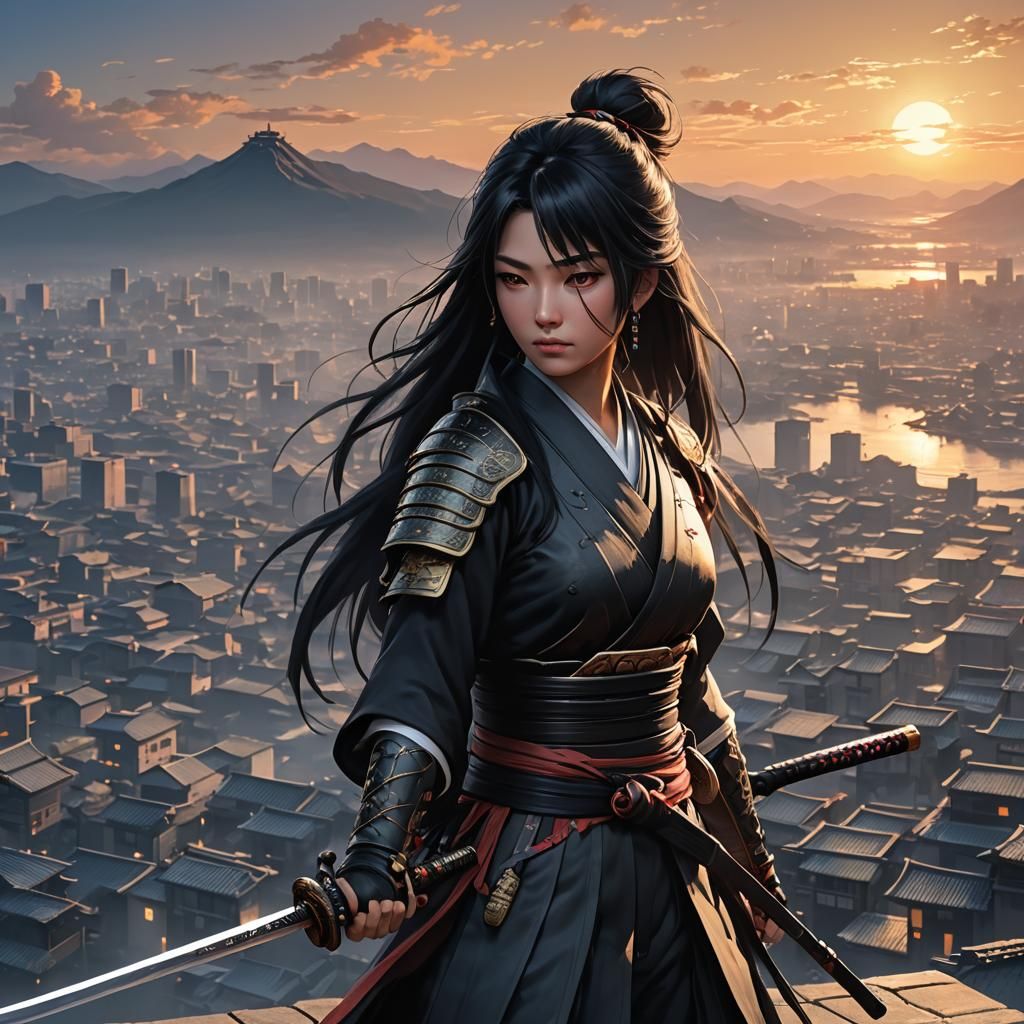 Female Samurai Assassin Overlooking City, in 3D Anime Art