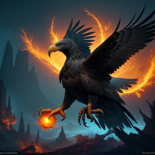 Eagle Soaring Through Fiery Forest, Fantasy Concept Art