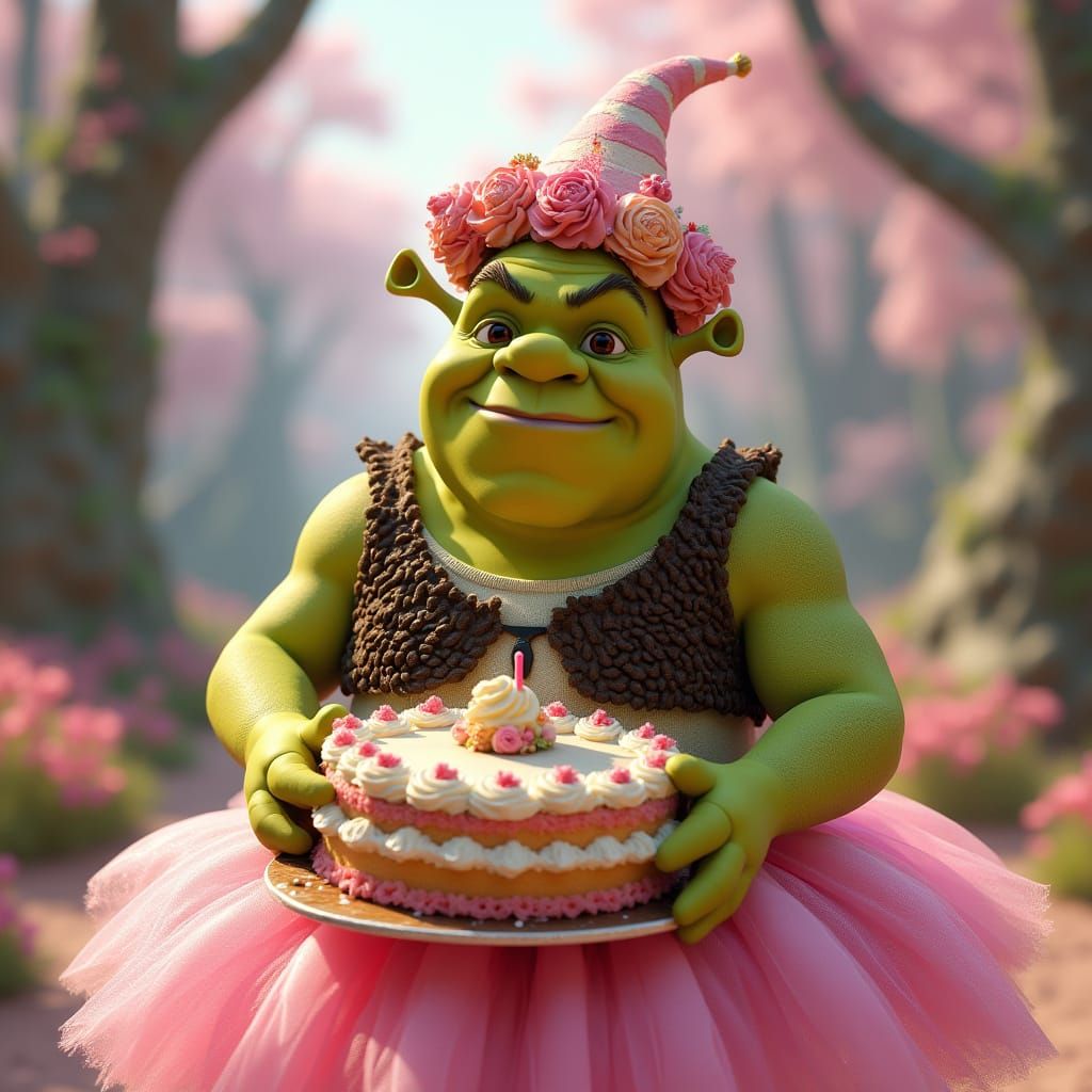 Shrek in a Whimsical Pink Tutu and Cake Hat