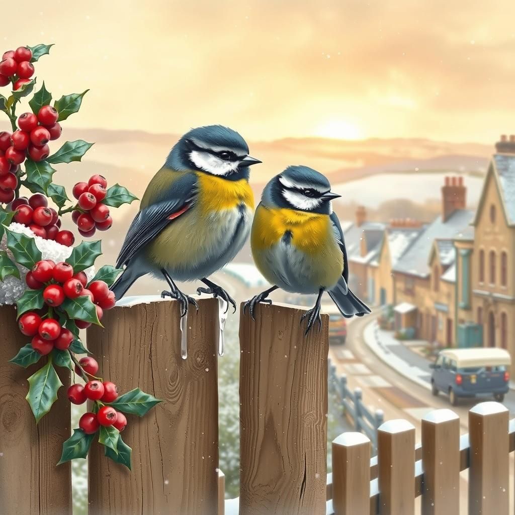 Oil painting blue-tits in winter