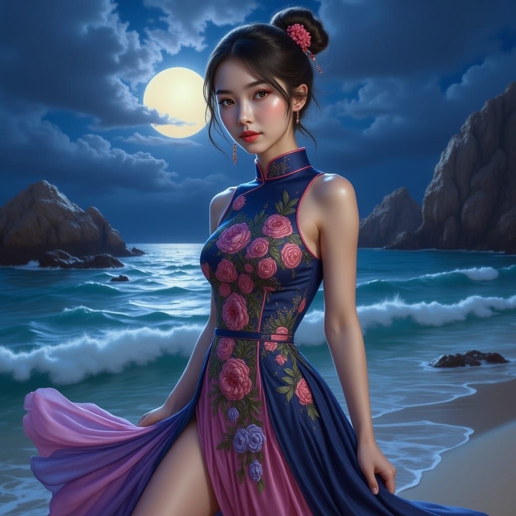 Teen in Cheongsam on Moonlit Beach as Splash Art