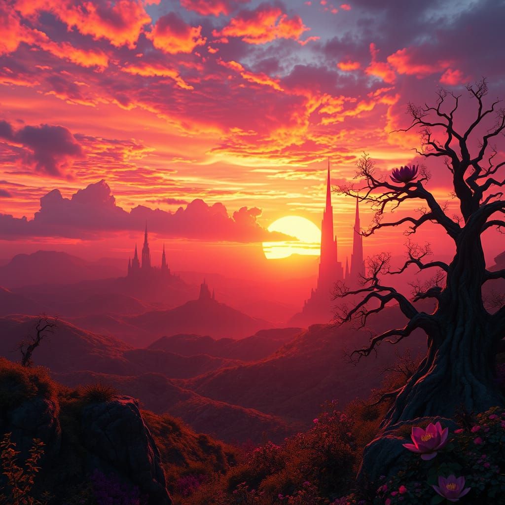Surreal Sunset over Dreamlike Landscape in Vibrant Colors