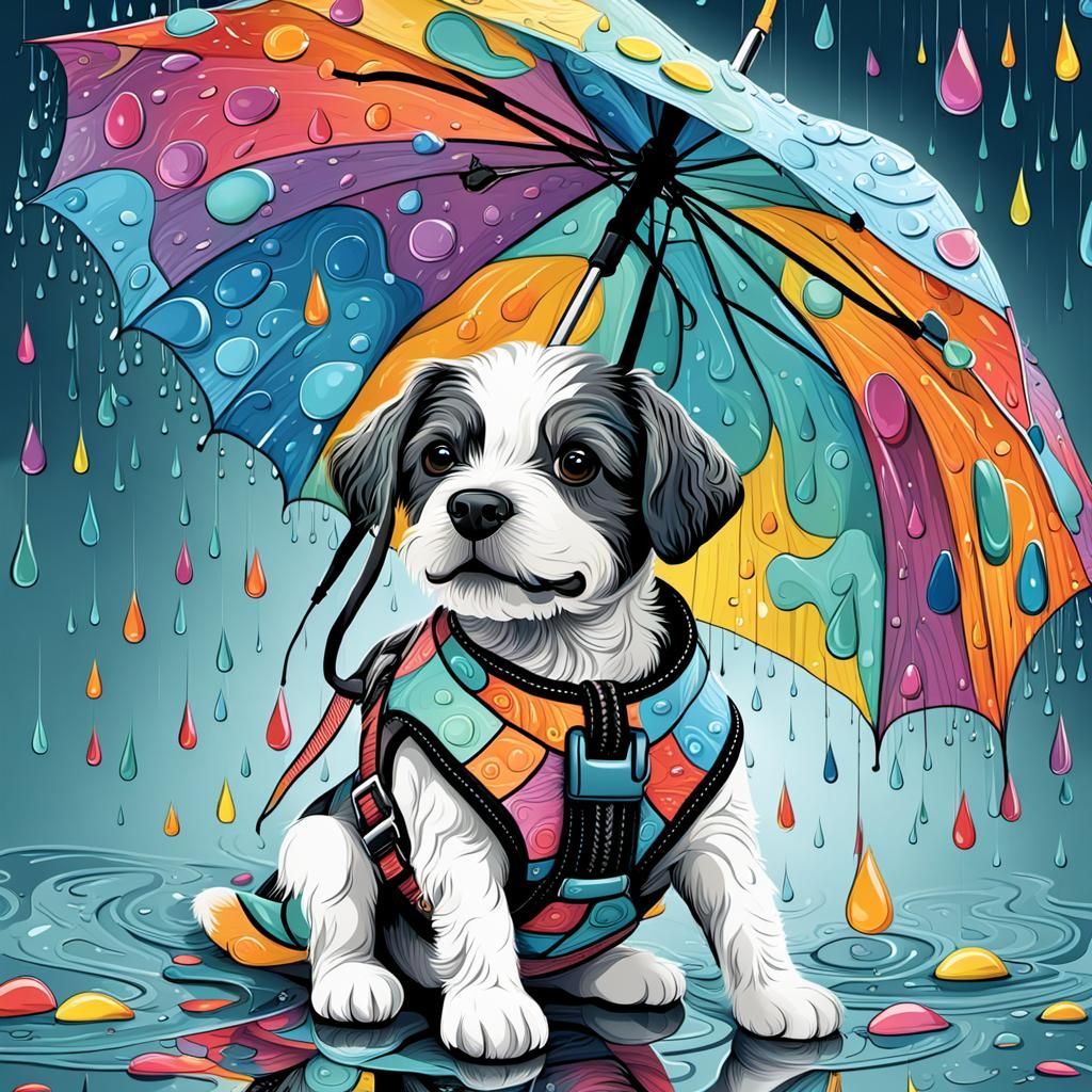 Dog with Umbrella in Rainy Abstract Zentangle