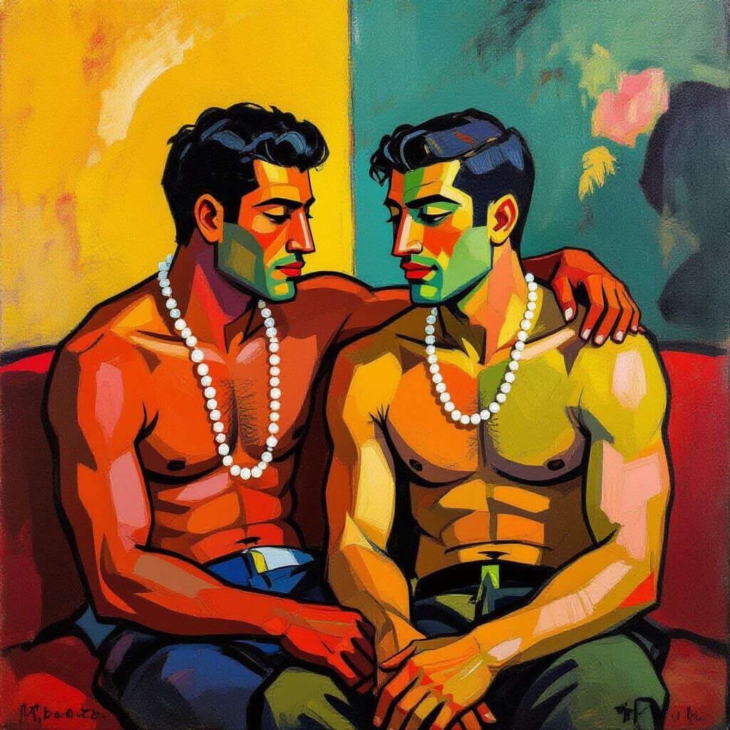 Intimate Tropical Scene with Two Men in Bold Gauguin Style