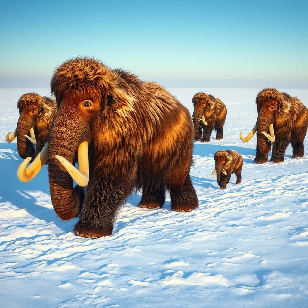 Woolly Mammoths Roaming Snowy Tundra in Hyperrealistic Style