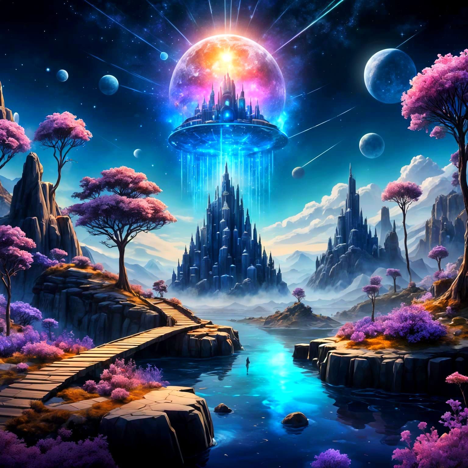 Celestial New Year's on a Crystal Island in a Vibrant Galaxy