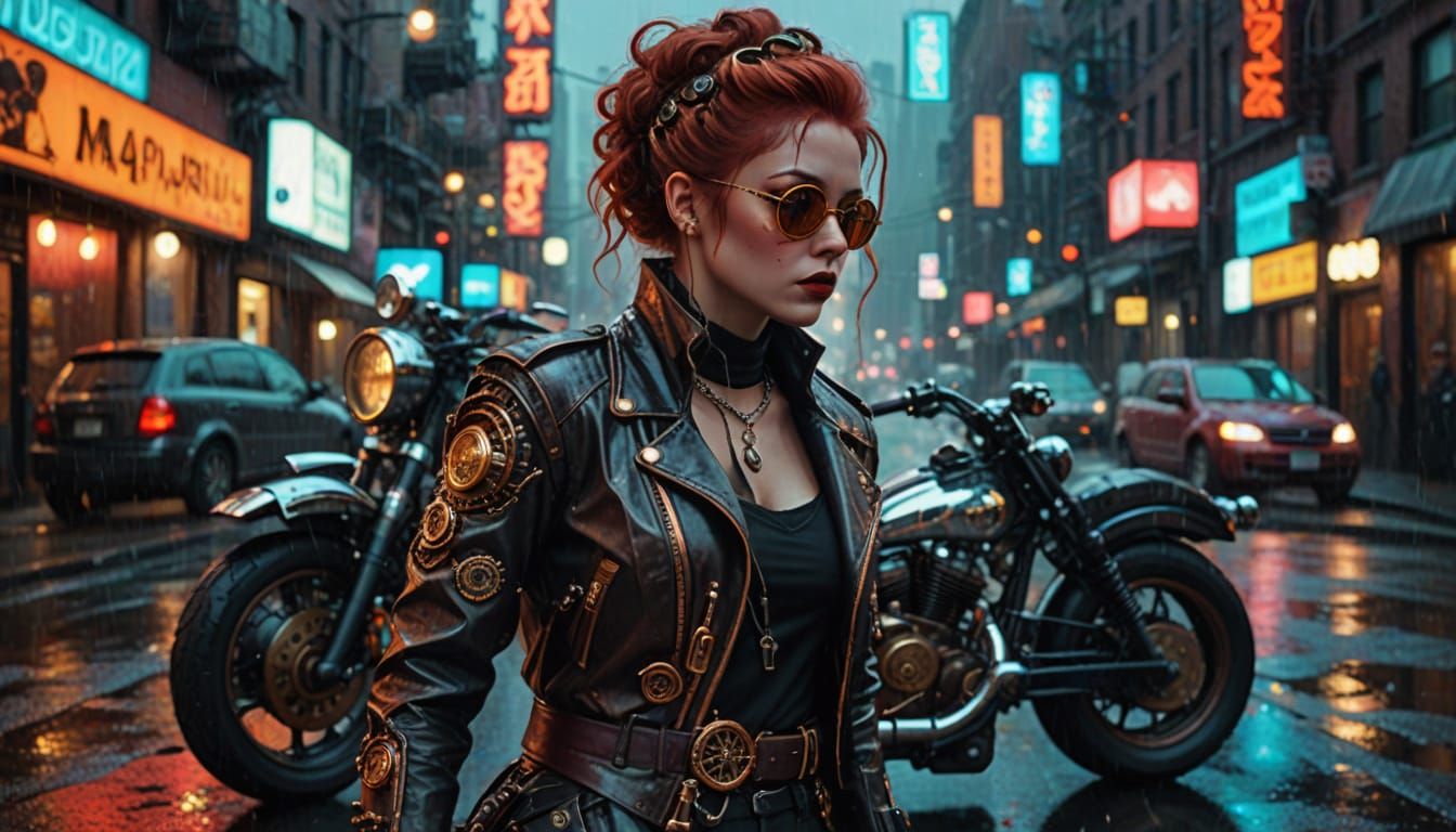 Steampunk Redhead with Chrome Motorcycle on Rainy Street