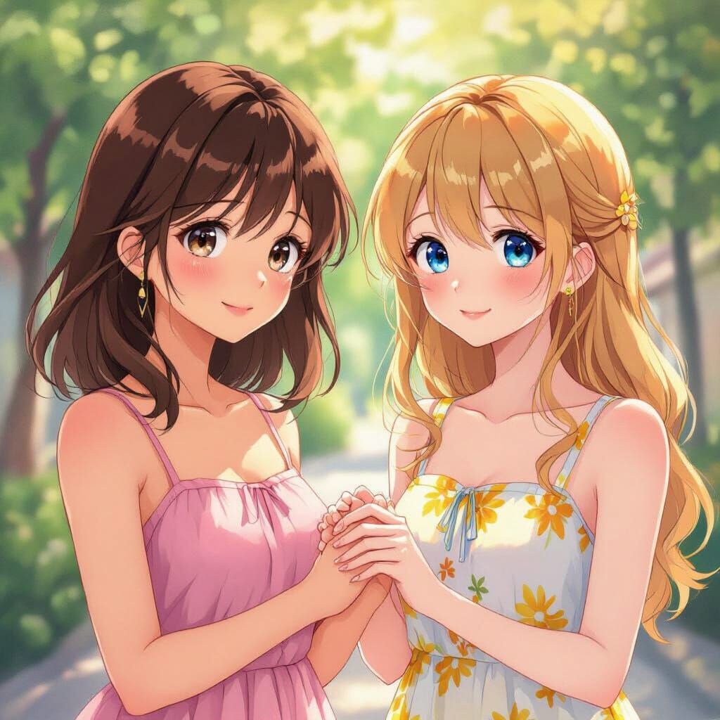 Anime Girls Holding Hands in Watercolor Style
