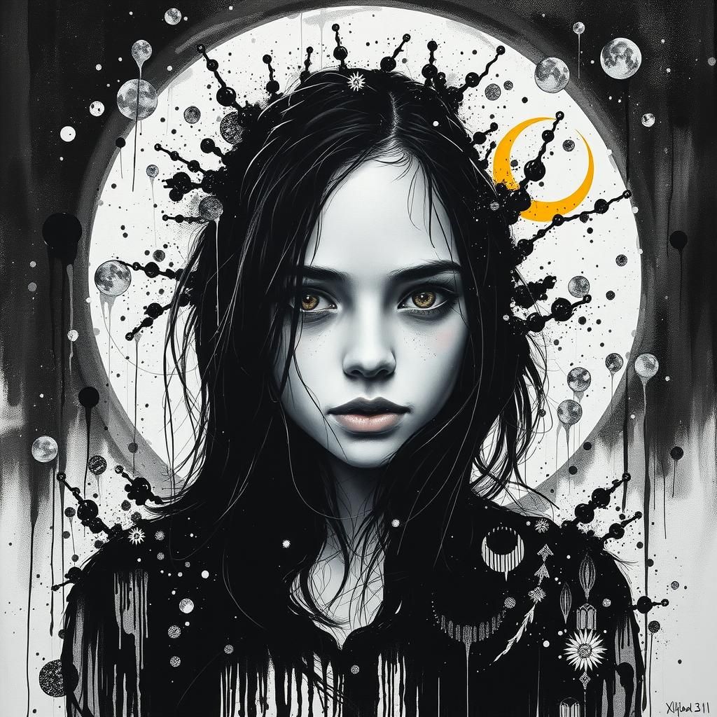 Black and White Painting of a Girl in Retro Style