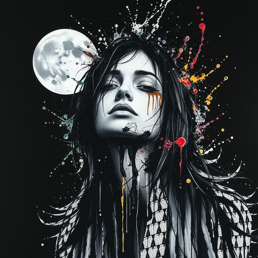 Monochrome Girl in Retro Moonscape Splash Art