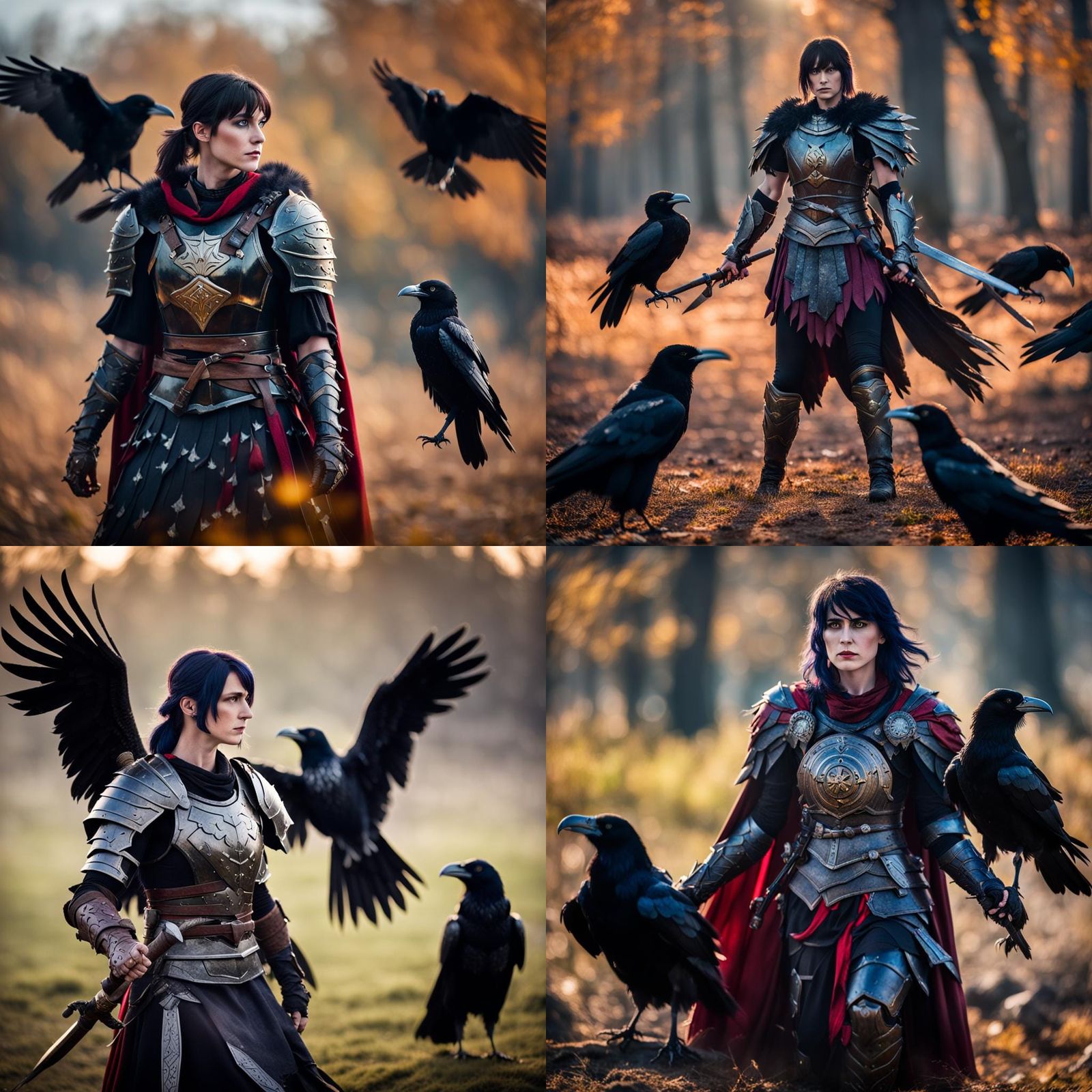 The Morrigan as a warrior on a battlefield, wearing armor, accompanied by ravens