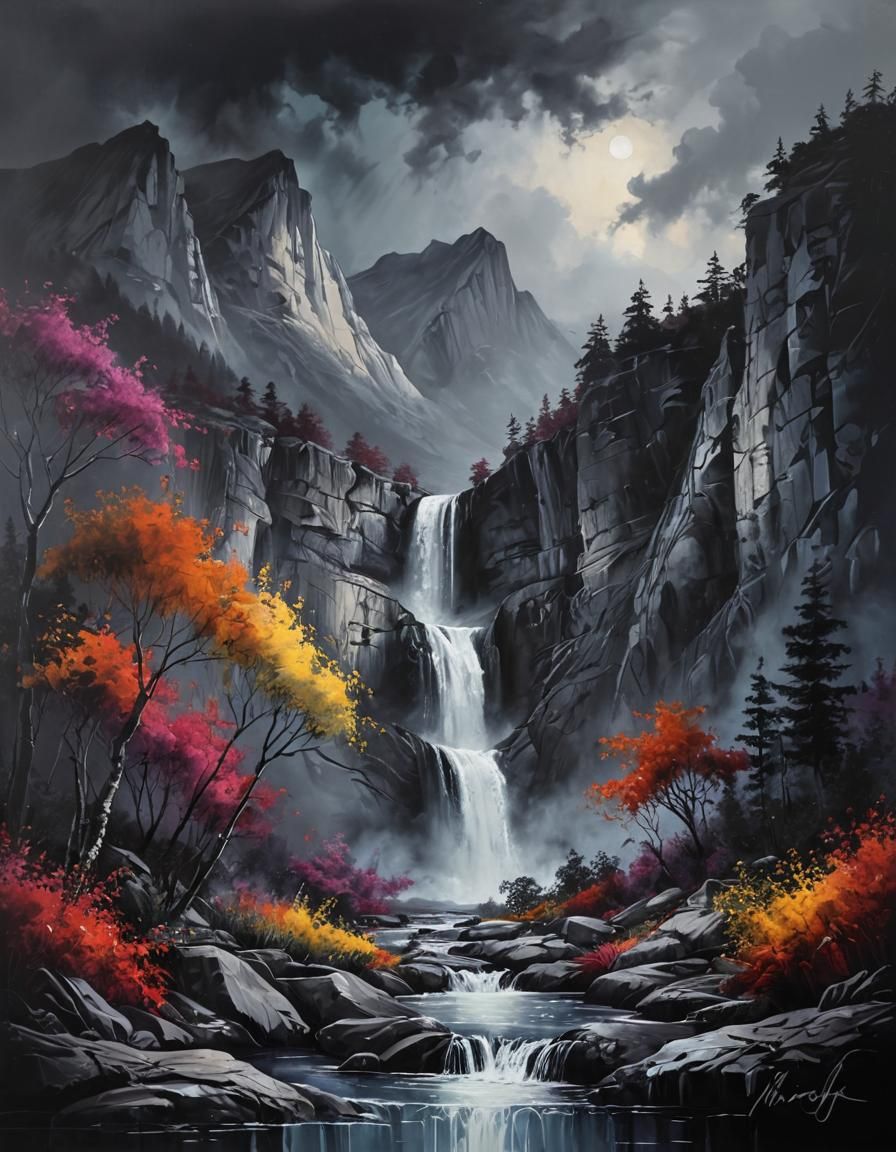 Mountain Waterfall Oil Painting with Silver Ink
