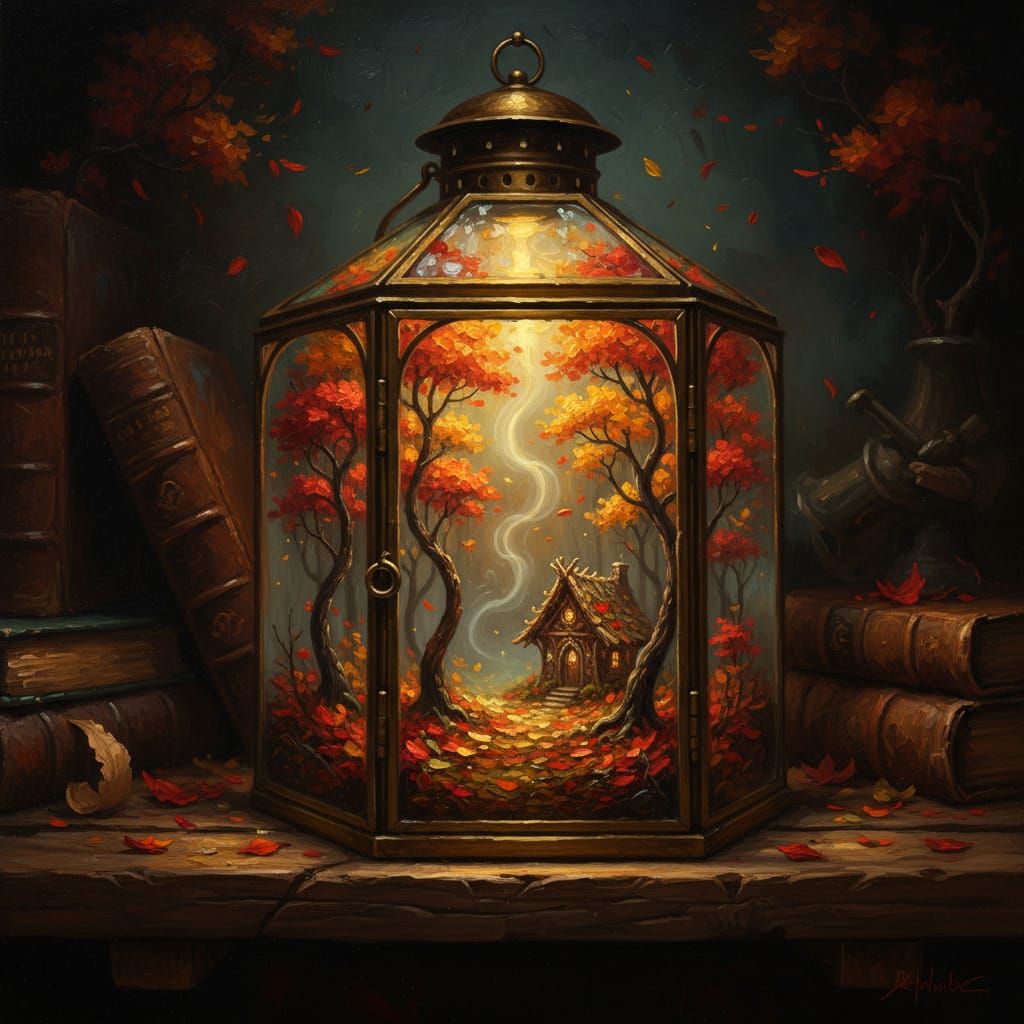 Miniature Autumn Forest in Lantern Oil Painting