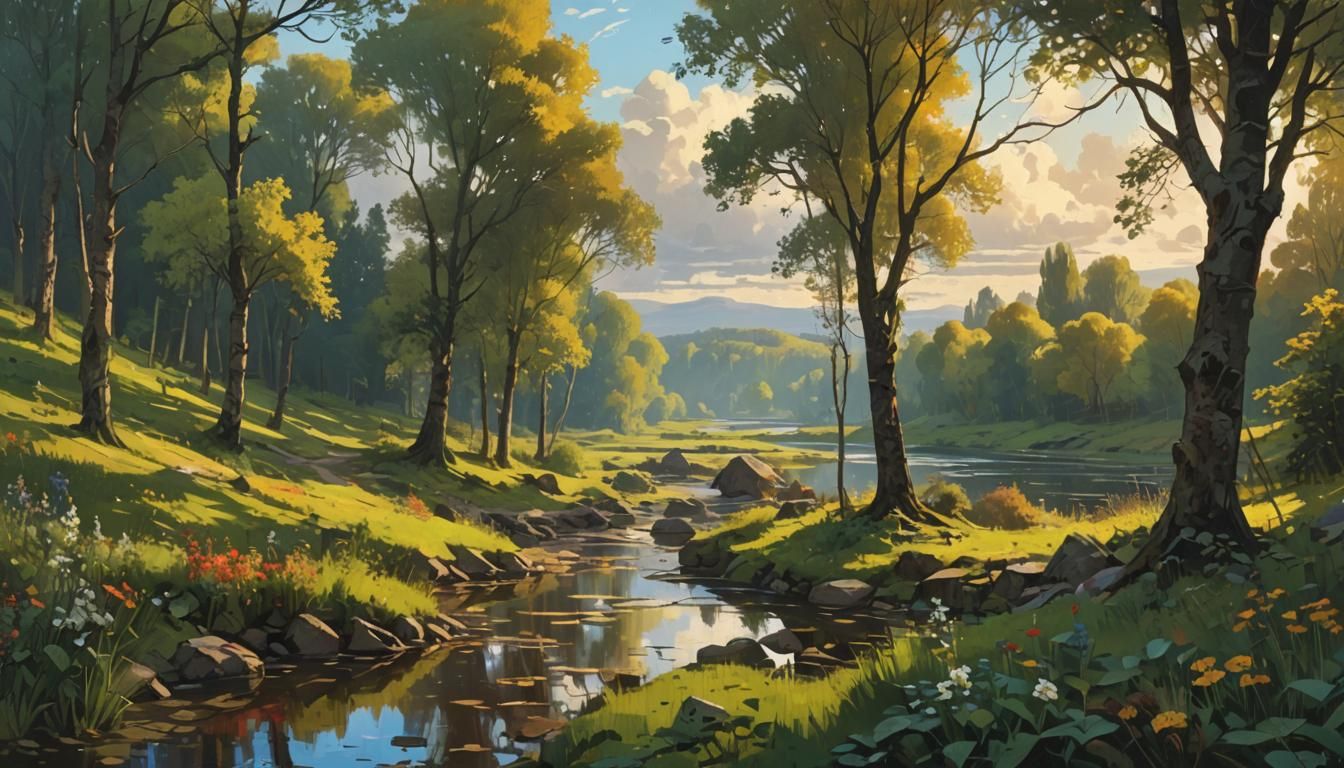 Cubist Landscape Painting with River and Golden Clouds