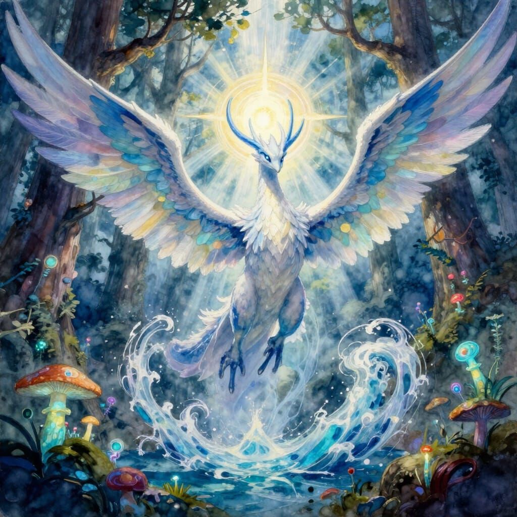 Lugia's Majestic Flight Over Forest and Sea