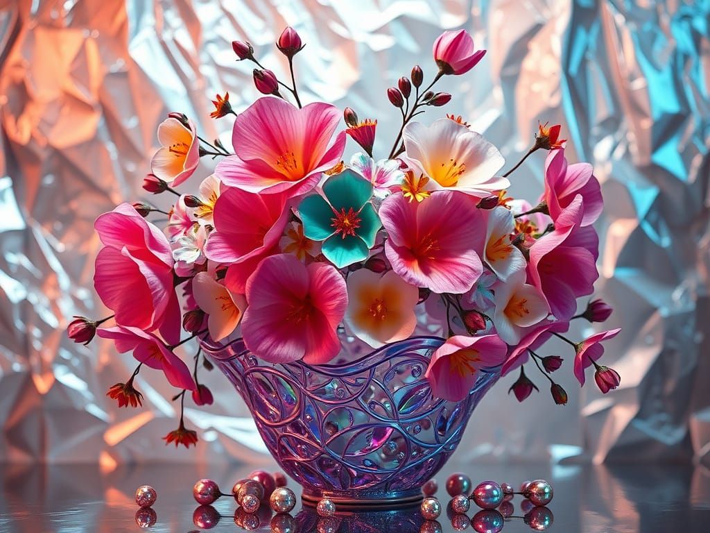 Luminescent Vase in Silver Foil with Glowing Pearls and Vibr...