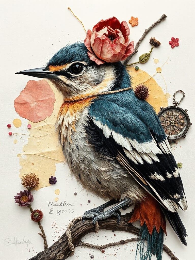 Vibrant Mixed Media Nuthatch Bird Portrait in Abstract Style