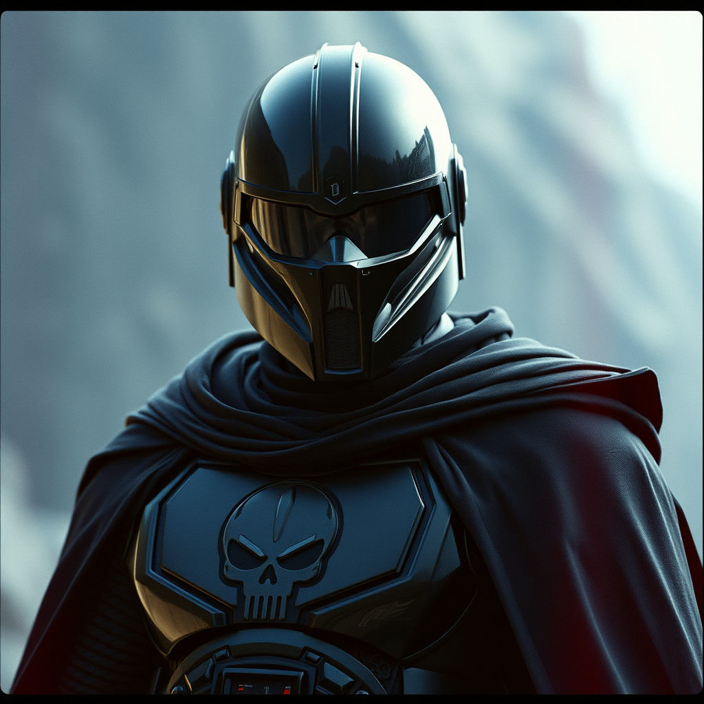 Futuristic Super Soldier in Black Armor and Cape