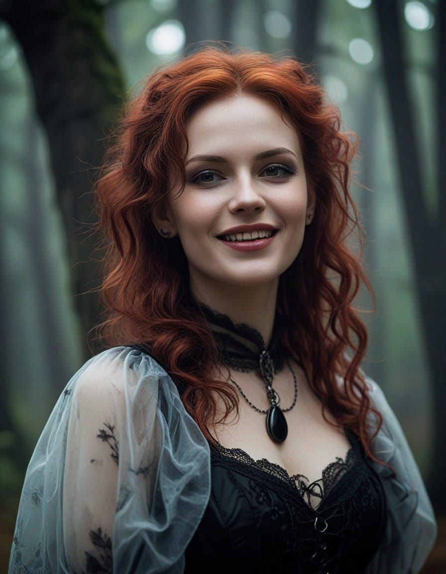 Gothic Woman in Misty Forest: Oil Painting