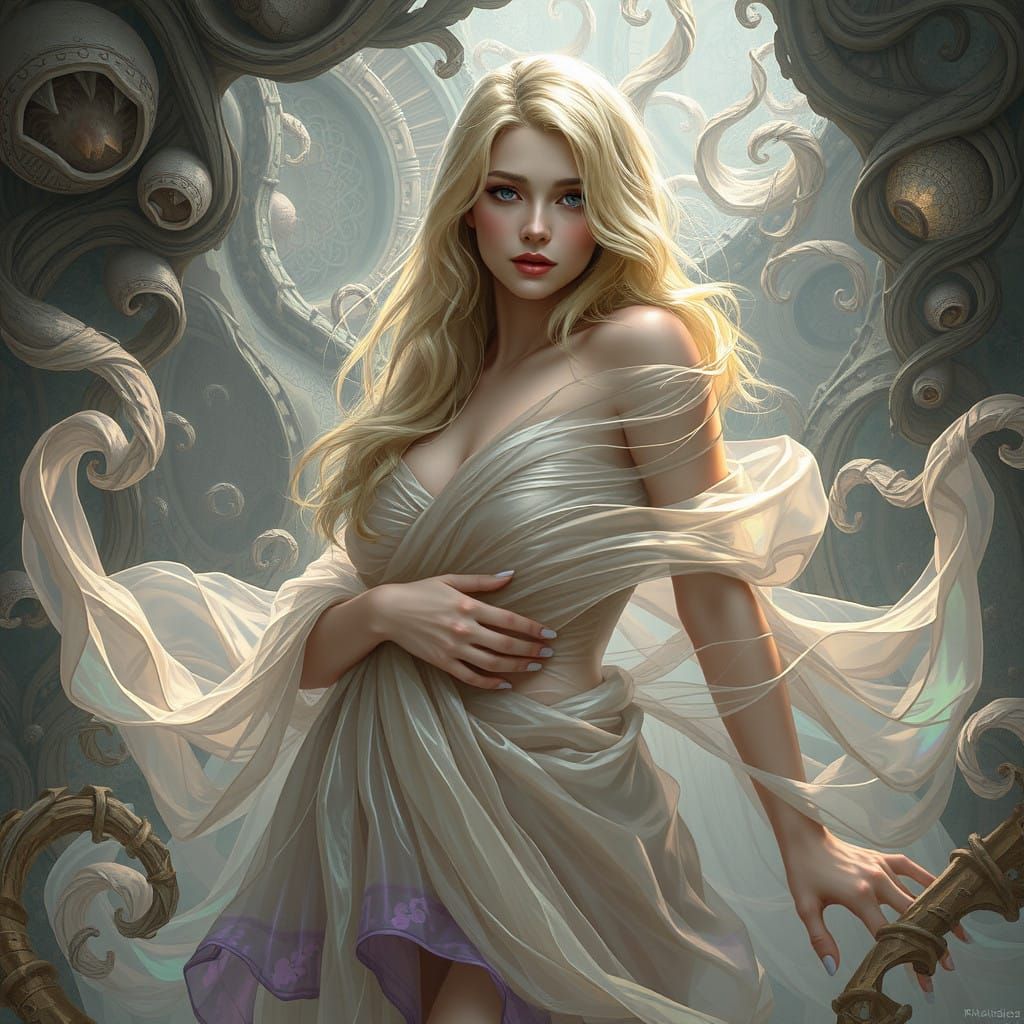 Ethereal Blonde Goddess in Iridescent Hues