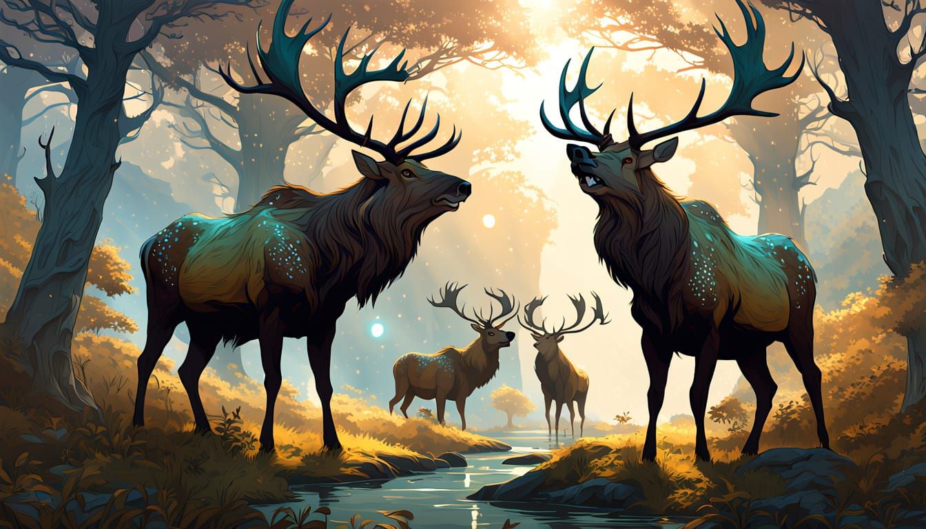 Elk Face-Off in Moonlit Forest Glade