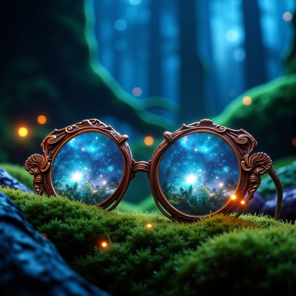 Ornate Spectacles on Mossy Floor, Galaxy Reflection