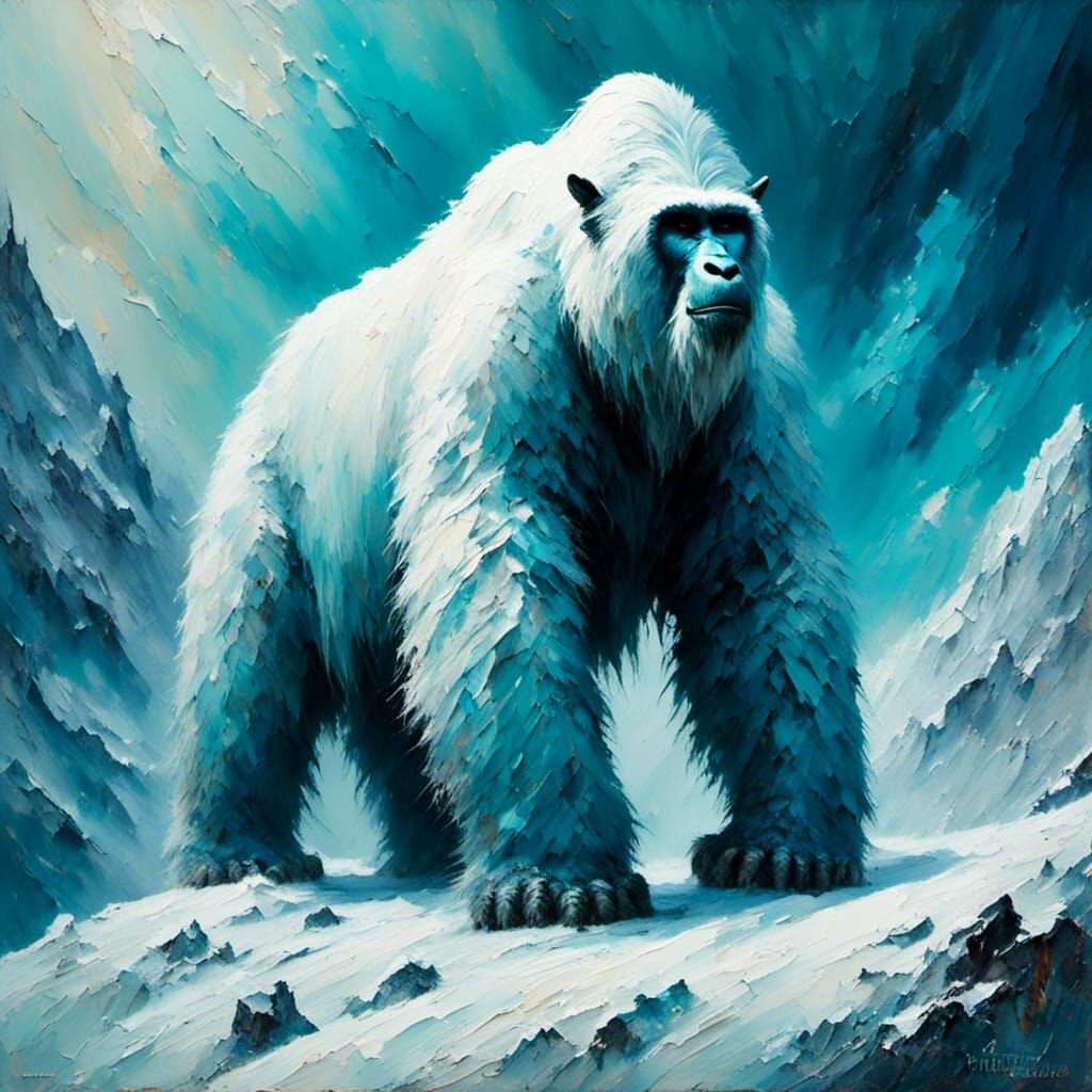 Yeti on Snowy Mountain in Expressionist Style