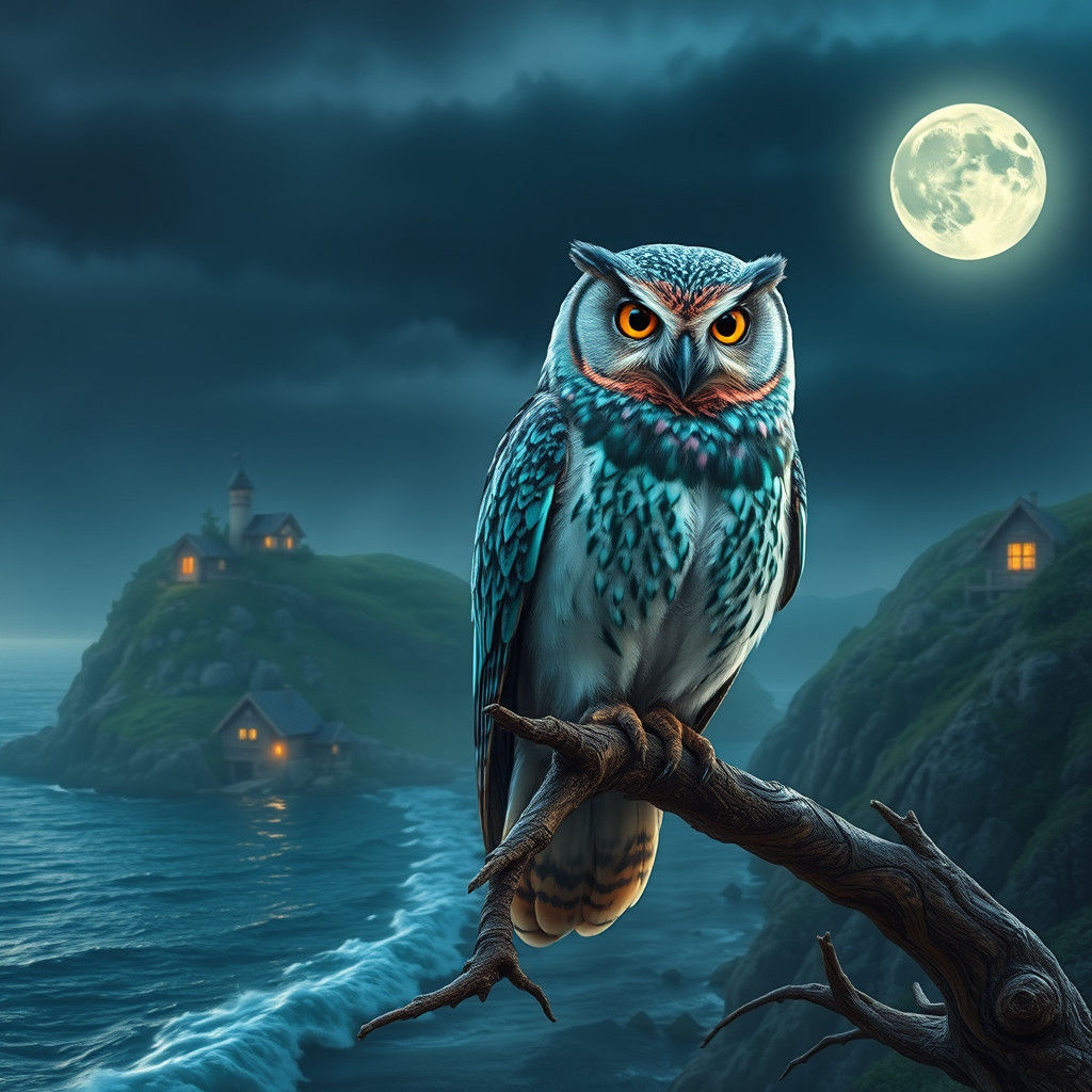 Iridescent Owl on Moonlit Coast, Fantasy Matte Painting