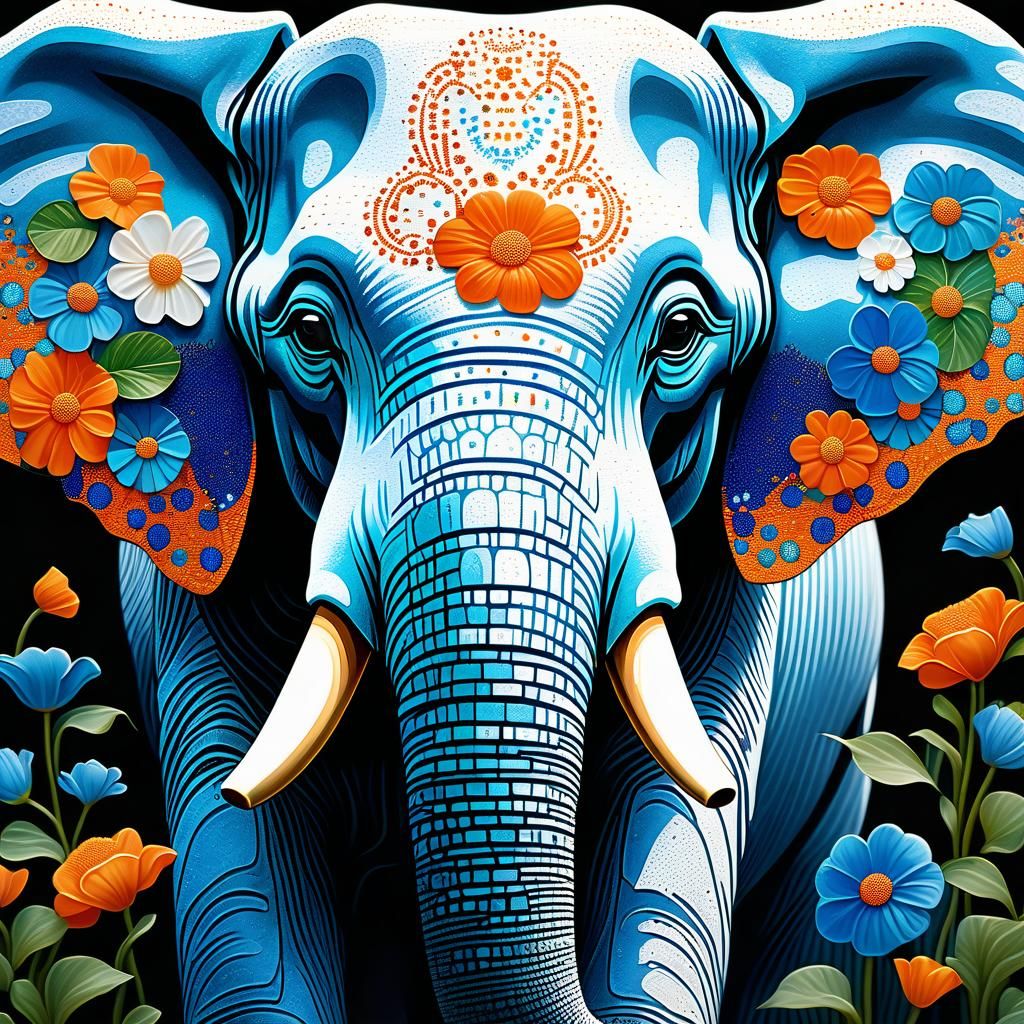 Ornate White Elephant in Art Nouveau Pointillism Style
