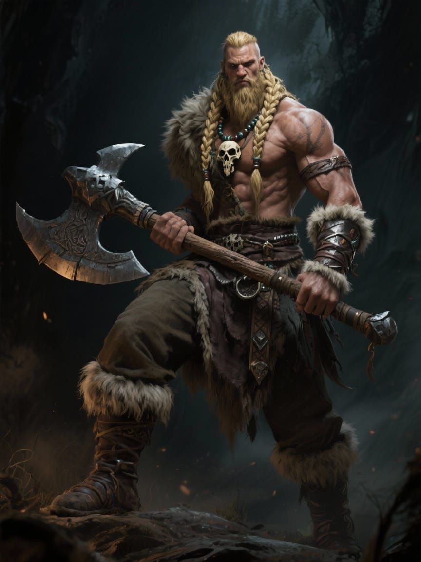 Muscular Barbarian with Skull Necklace and Battle Axe