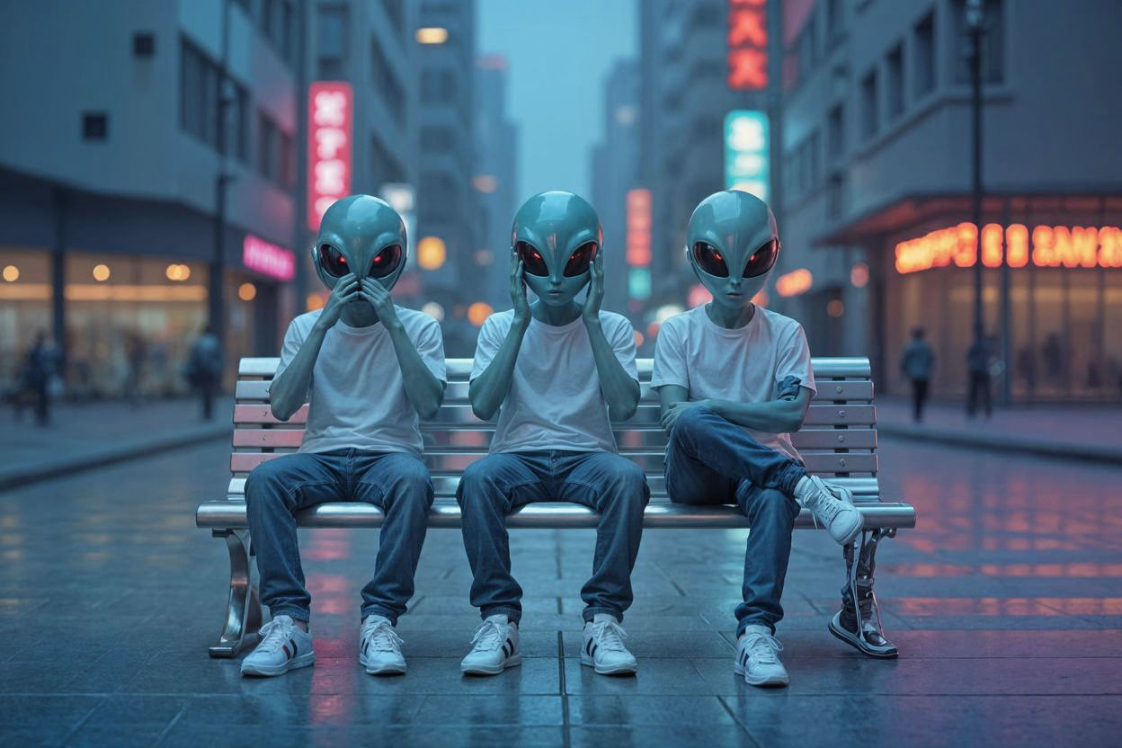 Wise Aliens in Futuristic Cityscape, Syd Mead Style