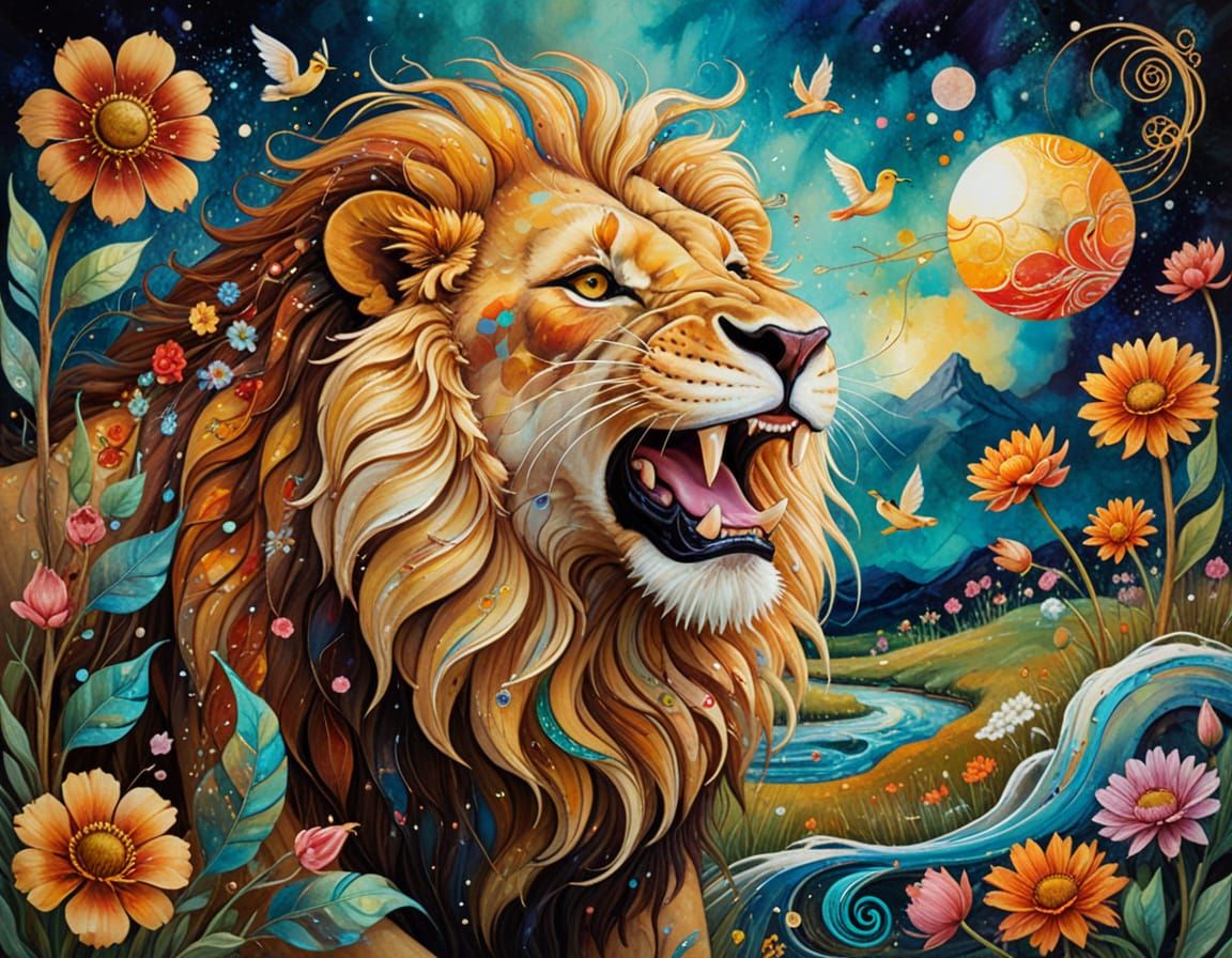 Happy Lion with Long Tongue in Surreal Setting