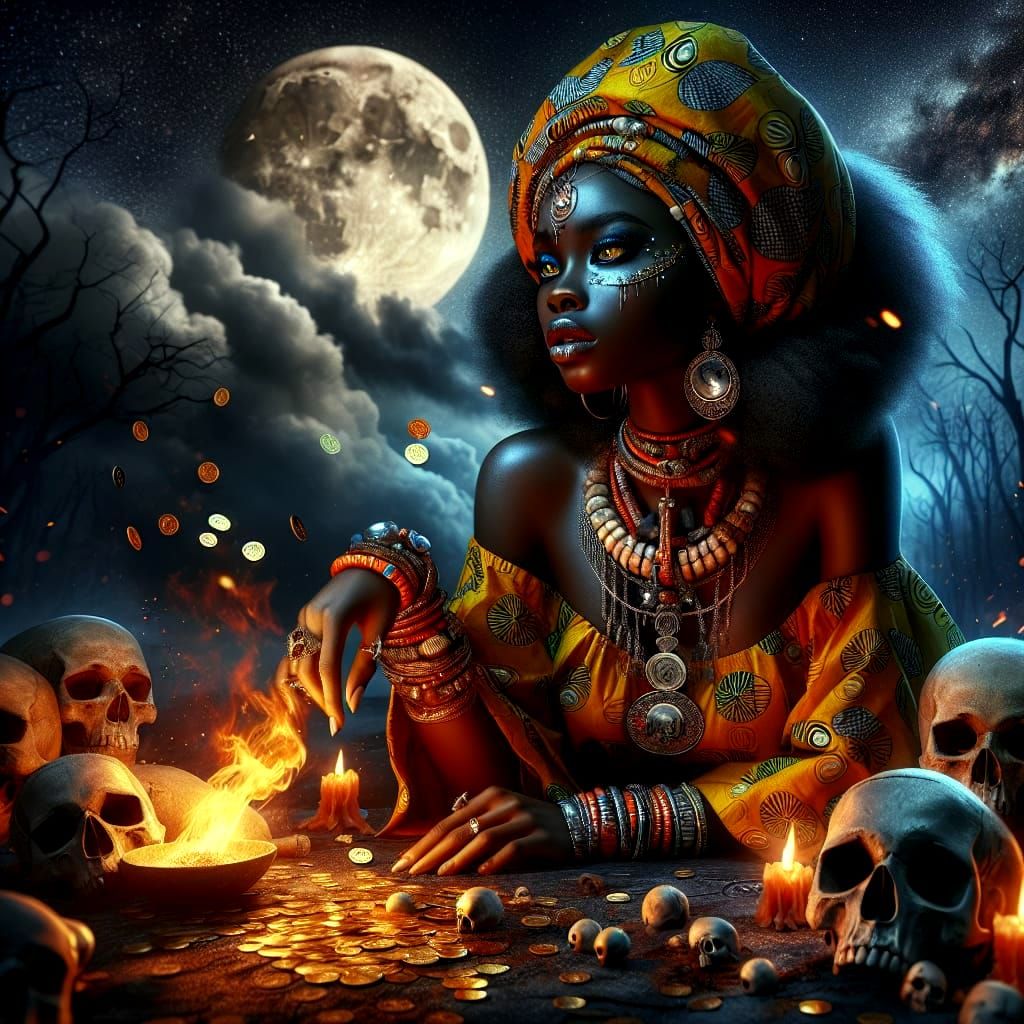 African Woman in Eerie Moonlit Storm, Oil Painting